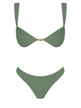 Olive Green Triangle Bikini Set with Gold Connector - Women Swim